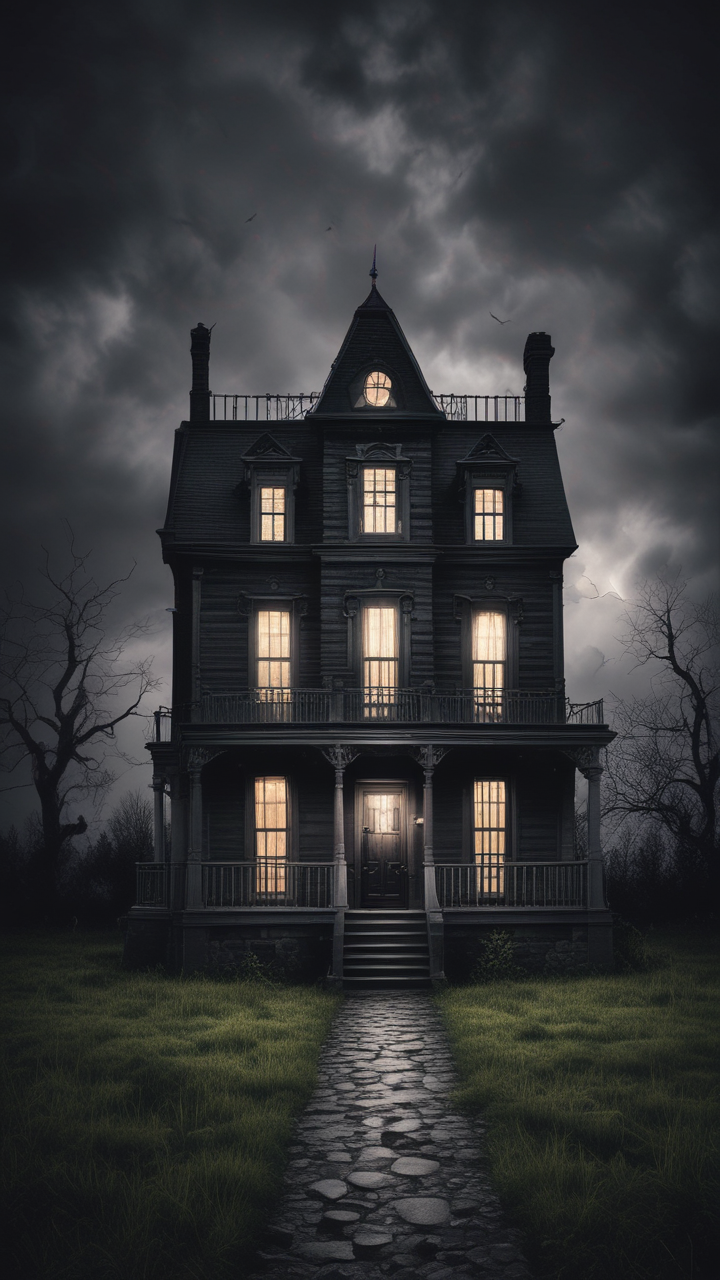 Lightning cracked, casting shadows across the dilapidated mansion's facade. She stepped inside, heart pounding, as ancient floors creaked. Eyes in paintings followed her, whispering secrets from the past. Hands trembling, she opened the diary; secrets unfolded before her. Tragic histories told of a night just like this one. She fled, leaving echoes of warnings behind, never to return.