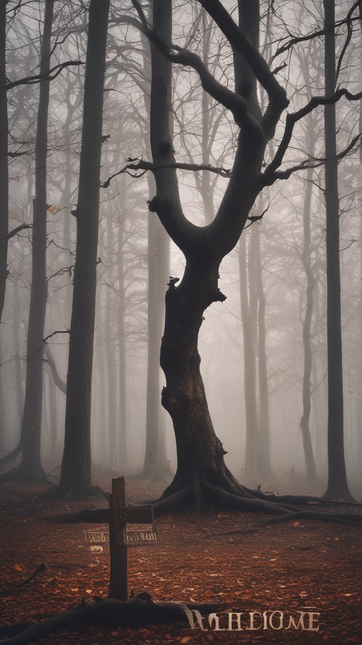 A haunted forest whispers secrets through fog and twisted trees. In the midst of the forest rests an ABANDONED cabin. Inside, shadows dance as a candle reveals a mysterious book. A sudden chill and darkness swallow the room completely, silently. The air grows heavy, as something malevolent moves in silence. A terrifying revelation emerges, eyes hollow yet intensely ALIVE, chilling.