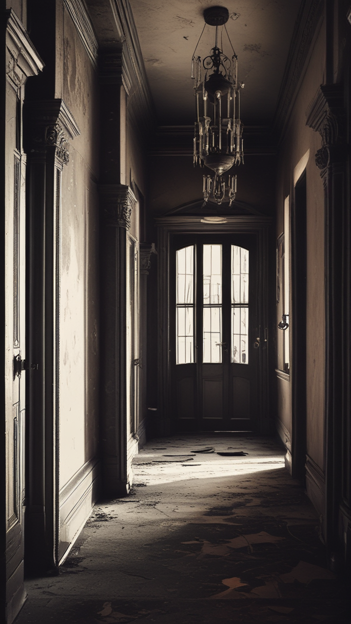 A COLD wind creeped down the dark, shadowy hallway. The ANCIENT portrait's EYES seemed ALIVE, whispering unspoken SECRETS. Behind the door, shadows DANCED, revealing TRUTHS once BURIED deep.