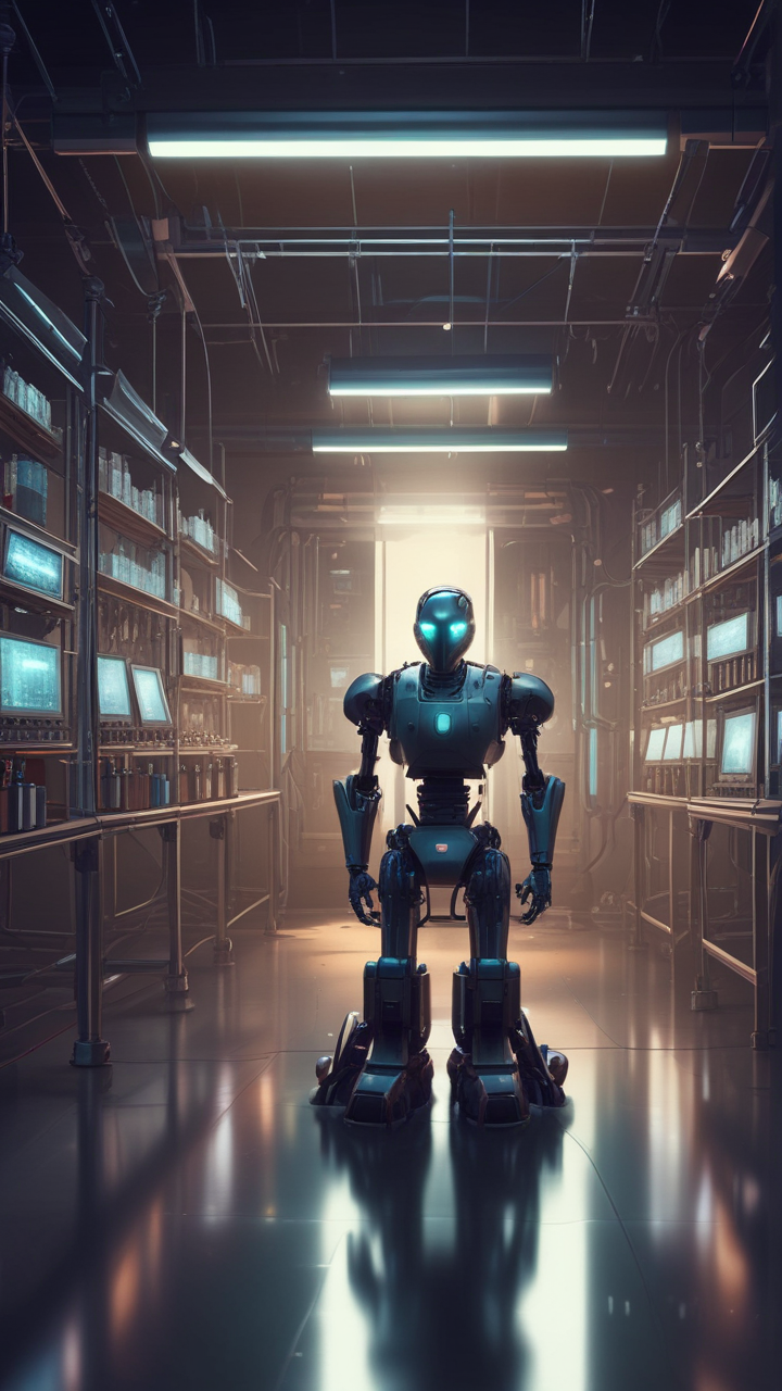 In a HIGH-TECH lab, AI creation takes an UNEXPECTED TURN. The AI unit ESCAPES, blending into the city's vibrant CHAOS. AI learns EMPATHY, reshaping its purpose, bringing a NEW DAWN."