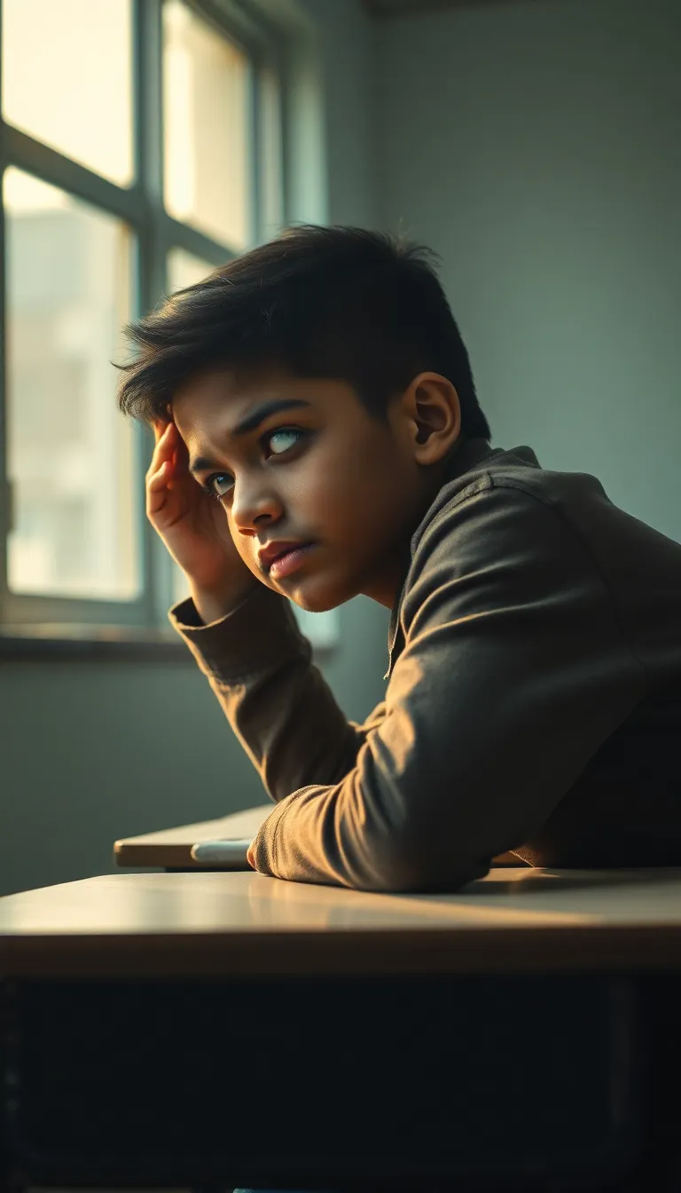 Ravi sits, daydreaming in class, feeling like a misfit. The teacher says, "You're not DUMB, just DISTRACTED." A spark ignites; Ravi studies with newfound PURPOSE and CURIOSITY. Late nights become routine; confusion gives way to newfound CONFIDENCE. Ravi stands FIRST in class, leaving everyone AMAZED, even HIMSELF. Ravi's journey proves: DISTRACTIONS are temporary, DETERMINATION is FOREVER.