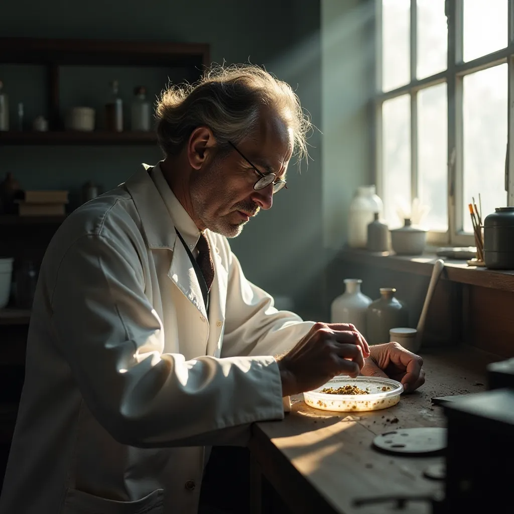 In 1928, ALEXANDER FLEMING discovered a MOLD that revolutionized medicine forever. <break time="0.7s" /> The MOLD produced a SUBSTANCE that killed bacteria: PENICILLIN, a groundbreaking antibiotic. <break time="0.7s" /> FLEMING's relentless WORK led to understanding penicillin's potential, igniting a medical revolution. <break time="0.7s" /> PENICILLIN became crucial in treating INFECTIONS, saving countless lives during WORLD WAR II. <break time="0.7s" /> Soldiers wounded in battle BELIEVED penicillin was a miracle drug amid war's devastation. <break time="0.7s" /> As penicillin SPREAD worldwide, it transformed healthcare, saving millions globally from infection. <break time="0.7s" /> Today, RESEARCHERS continually innovate, developing new antibiotics inspired by Fleming's discovery. <break time="0.7s" /> Schools everywhere TEACH the incredible story of penicillin, inspiring future generations of scientists. <break time="0.7s" /> PENICILLIN's availability in every pharmacy signifies its lasting contribution to public health. <break time="0.7s" /> FLEMING's DISCOVERY forever changed medicine, leaving an indelible mark on human history. <break time="0.7s" />
