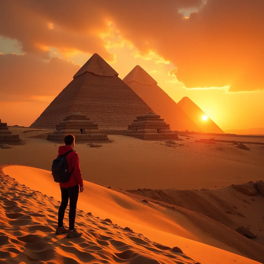 Imagine standing before Egypt's pyramids under a golden SUNRISE. Each stone block exceeds an average adult's weight, truly INCREDIBLE. These pyramids were built without modern MACHINERY, an ancient ENGINEERING marvel. The Great Pyramid, originally 481 FEET high, dominated ancient SKYLINES. Hieroglyphics inside tell powerful stories of ancient EGYPTIAN kings' lives. These pyramids embody the enduring HUMAN spirit and magnificent LEGACY.