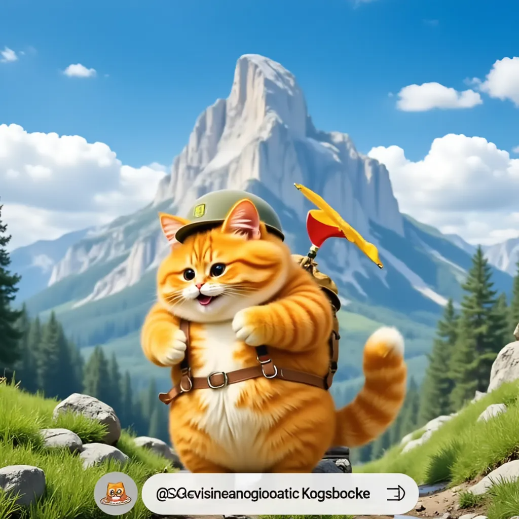 Character: Mischievous Kicattyy - Join Kitcatty as she sets off on an exhilarating trek, navigating the majestic mountains with curiosity and determination.