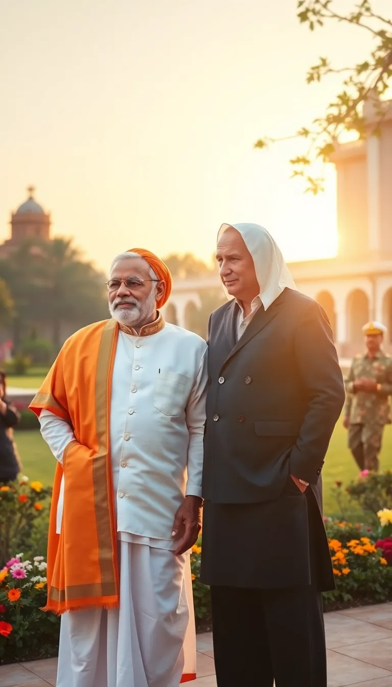 Morning light ILLUMINATES Prime Minister Modi's saffron-orange pheta. Putin enters, his white pheta GLEAMING against Maratha stone carvings. Modi and Putin meet, their smiles EXUDE warmth and respect. They shake HANDS firmly, embodying dignity amidst beautiful surroundings. Their eyes meet, discussing important matters with genuine mutual respect. In this Realistic scene, their meeting concludes with renewed camaraderie.