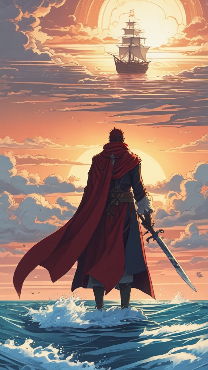 Shanks stands aboard, his RED aura swirling menacingly <break time="0.7s" />. His SWORD gleams, a SYMBOL of power, contrasting the serene sea. His presence casts an IMPOSING shadow, rippling across the deck.