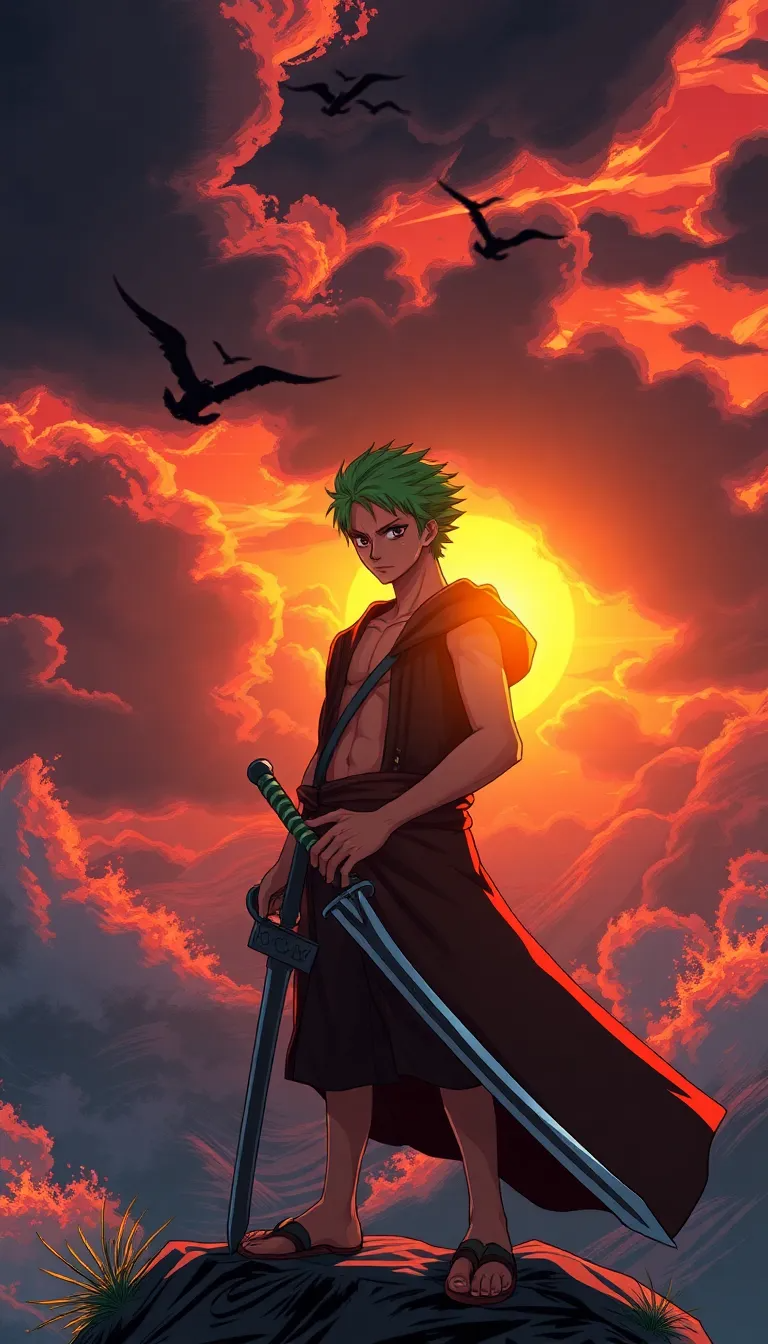 Zoro stands firm, poised to CUT the cliff with Enma. He GRIPS Enma tightly, feeling the sword's overwhelming MIGHT. With ONE powerful SWING, his blade descends like lightning. The CLIFF shatters apart, symphony of rocks and dust. He BREATHES steadily, calm amidst the breathtaking shattered landscape. A triumphant SUNSET marks victory, highlighting Zoro's indomitable SPIRIT.