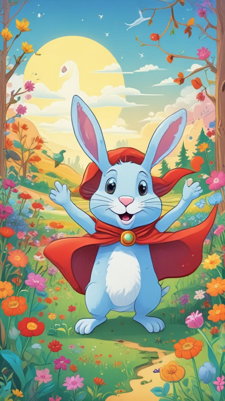 A joyful RABBIT leaps towards the sky, embracing FREEDOM and ADVENTURE. The parade of animals follows, each finding their unique FREEDOM. Together by a glowing pond, they celebrate their LIBERATION and CONNECTION.