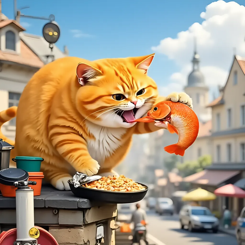 Character: Kitcattyy - Create me a video where the orange cat goes to the fish market , steals some fish , gets caught but eventaully manages to flee away.